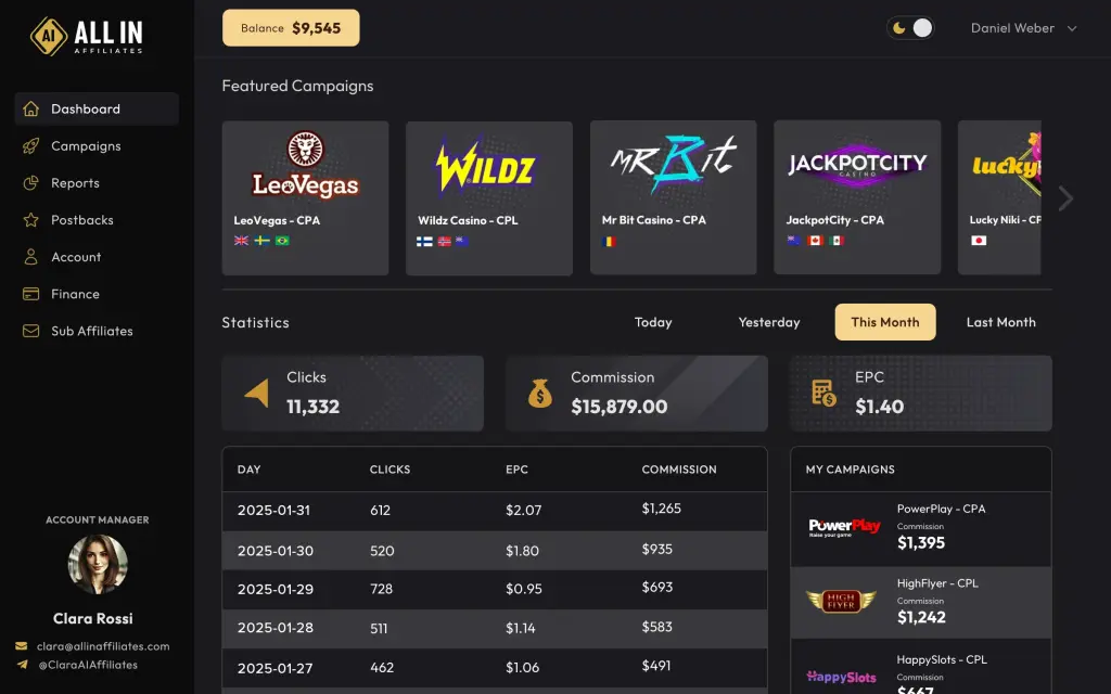 All In Affiliates Dashboard Screenshot